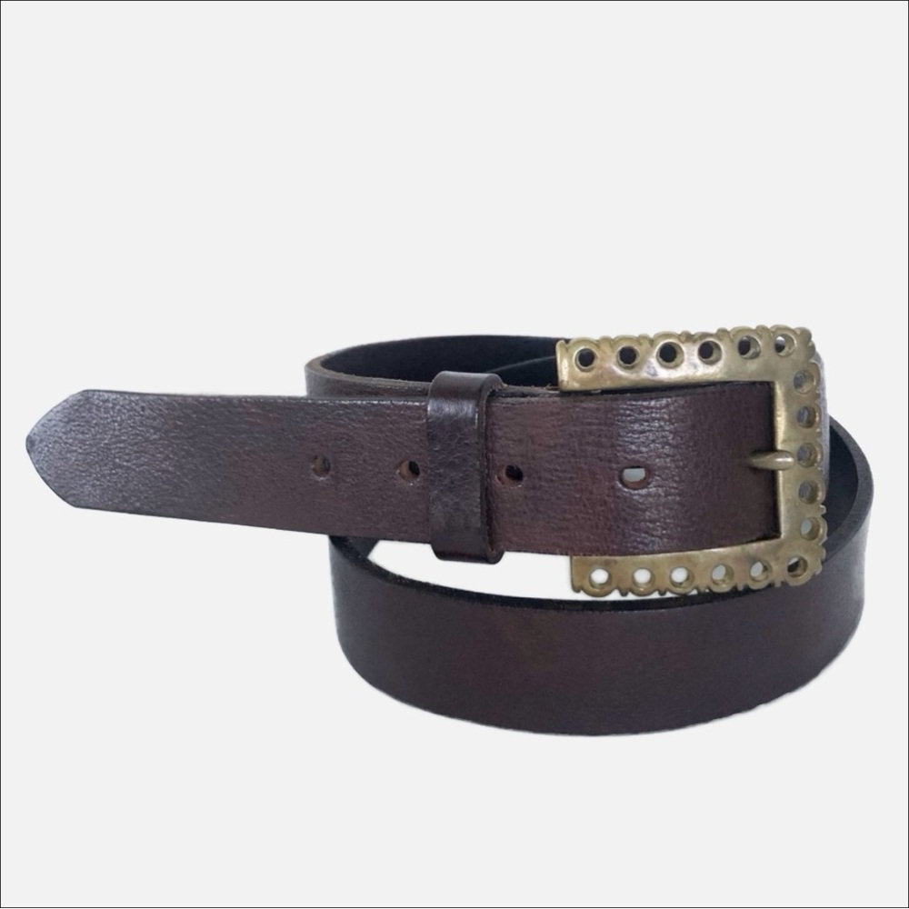 Boston Traders Smooth Brown Leather Belt Scallop Solid Brass Hardware Buckle